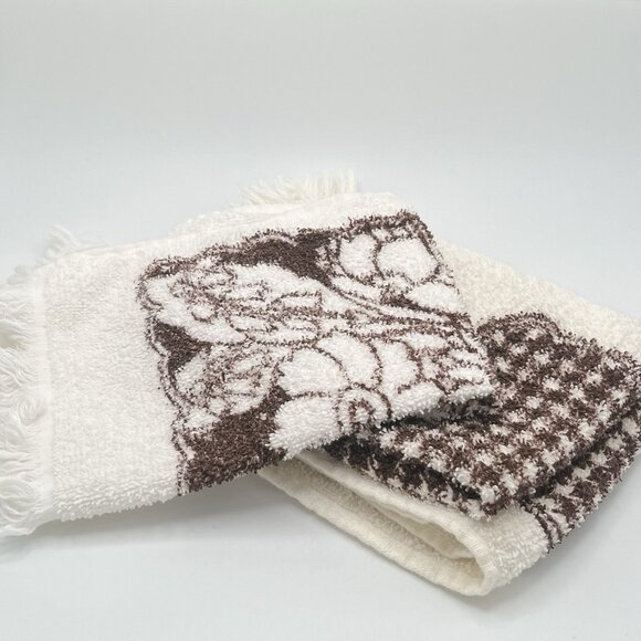 Vintage 70s MCM Flower Brown White Hand Towels Boho Groovy Fringe Set Of 3 - Picture 1 of 6